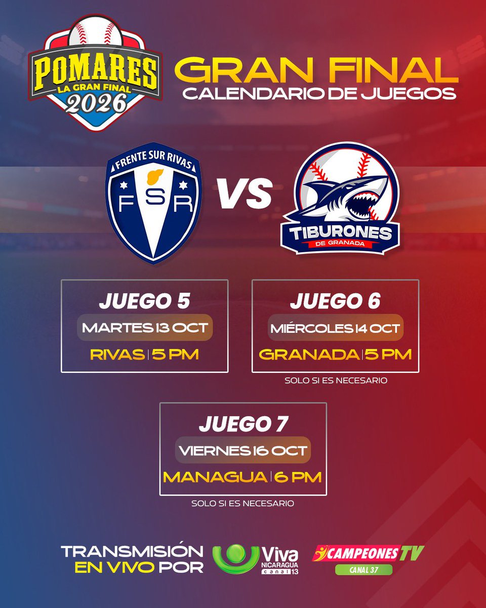 VivaNicaragua13's tweet photo. 🌧️⚾️ Luego de la suspensión por lluvia del quinto partido de la Gran Final: Rivas 🆚 Granada, te presentamos el calendario ACTUALIZADO. 🏆🔥
#Pomares2026 #GranFinal #BéisbolNicaragüense 🇳🇮⚾ https://t.co/mHjO38pSbz