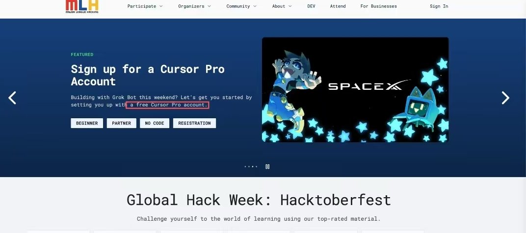 msbr_dev's tweet photo. Cursor Pro is FREE right now!🔥

No verification required!

Here's how to claim yours:

1. Register: https://t.co/w9yiyoigJe
2. Email MLH requesting your Cursor Pro code
3. Check your inbox &amp; redeem it in Cursor Billing

Ends Oct 15 👀 https://t.co/DSqSGxCoNw