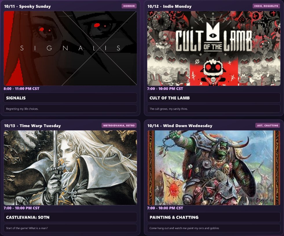 Sir_Leiden's tweet photo. Hey ghoulies, ghosties, besties, and baddies! I'm excited to announce that I will be streaming 4 days out of the week starting with Spooky Sunday tonight. Here is this week's upcoming schedule, hope to see y'all there! https://t.co/pQcTVe7fM5