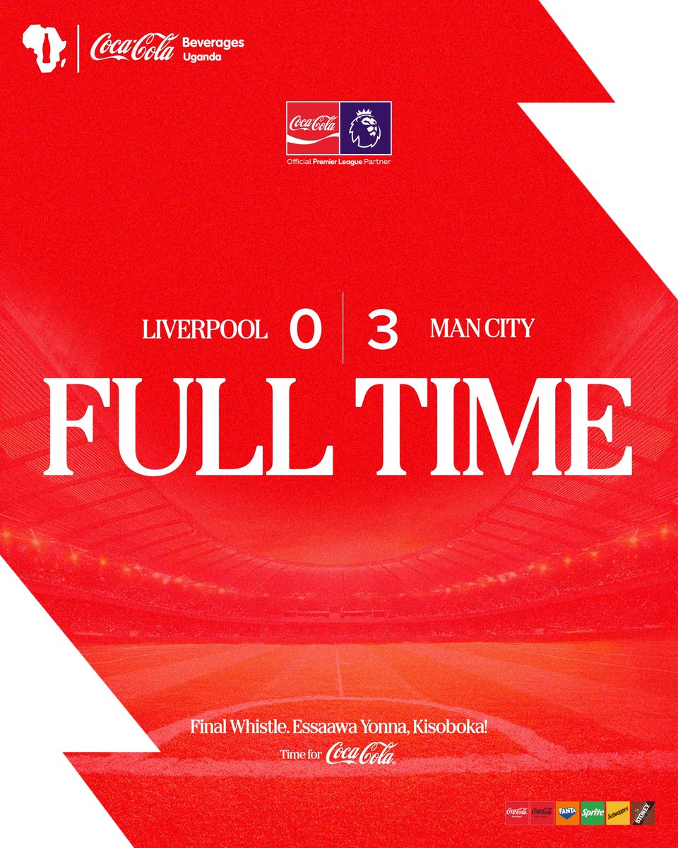 CocaColaBevUg's tweet photo. Manchester City capitalise on Liverpool’s red card, scoring three goals to seal the win and move to the top of the league table.
#CocaCola #EssaawaYonnaKisoboka #CokeEPL https://t.co/pFmnoOV3uC