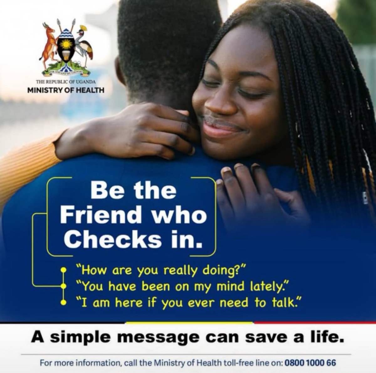 MinofHealthUG's tweet photo. 🧠 HEALTH FACT | Via @WHO 

More than 1 billion people worldwide live with a mental health condition.

🤝 Supportive relationships, positive social interactions and strong community ties help protect mental health and build resilience.

Check in on someone. Listen with kindness. Help them feel connected!

#MentalHealthMatters