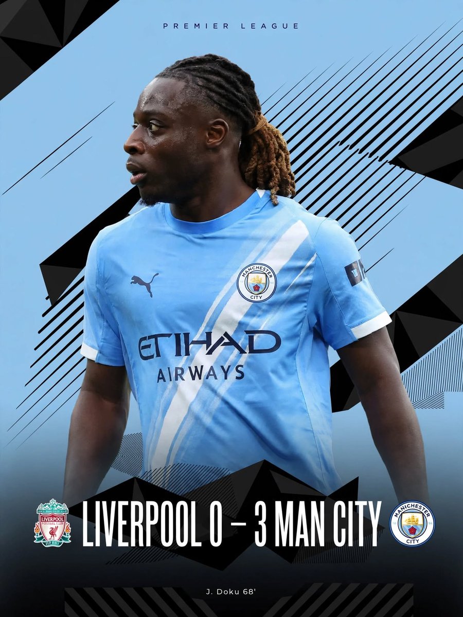Minnenhleee's tweet photo. Full-time: Liverpool 0-3 Manchester City 

⚽️ Haaland 65'
⚽️ Doku 68'
⚽️ Cherki 78'

3 points. 3 goals. Top of the league. 💙 #ManCity #PL #LIVMCI https://t.co/Qdj6abkzxn