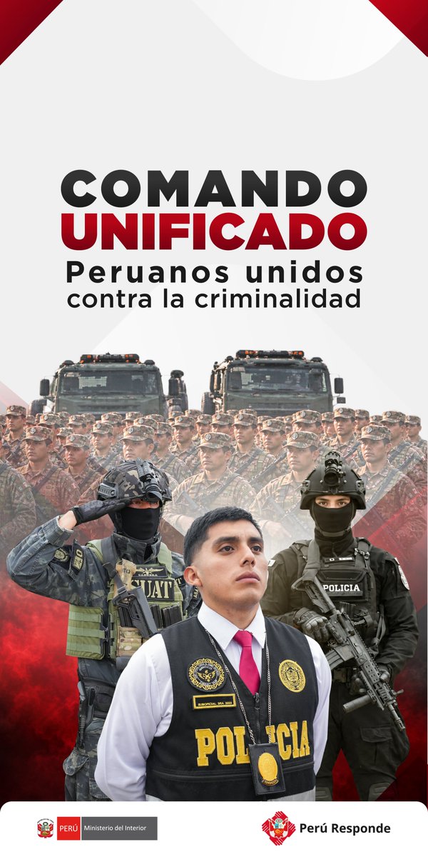 MininterPeru's tweet photo. 🇵🇪 ¡UNIDOS FRENTE A LA CRIMINALIDAD!

Es momento de dejar claro de qué lado estamos: de la violencia o de la paz; de los delincuentes o de los ciudadanos que merecen vivir seguros.

A través del #ComandoUnificado, la @Policia_Peruana y le @CCFFAA_PERU unen sus capacidades para enfrentar al crimen organizado, recuperar el control territorial y devolver la tranquilidad a los peruanos.