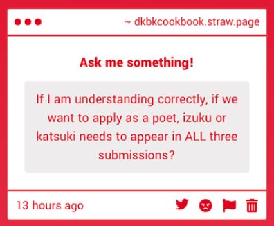 dkbkcookbook's tweet photo. The works in your portfolio do NOT have to be unposted! In addition, Izuku and Katsuki should appear at LEAST once out of all of the works included in your portfolio! We hope this clarifies, and if you have any other questions please don't hesitate to reach out! 🍳 ✨ https://t.co/ipcsKnAFDB