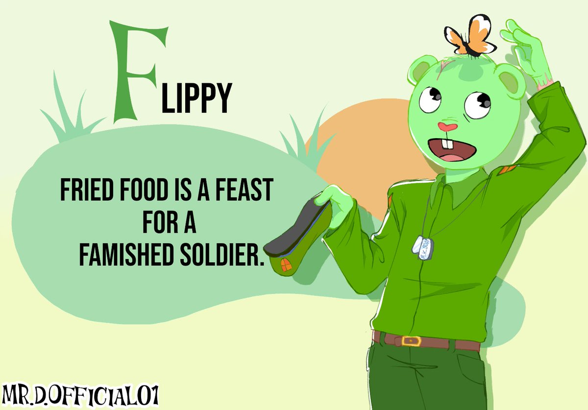 Mr_D_Offical01's tweet photo. F is for Flippy!
Fried food is a feast for a famished soldier #HTF #HappyTreeFriends #HTFFlippy #HTFart #DigitalArt https://t.co/7zgGG2PaUc