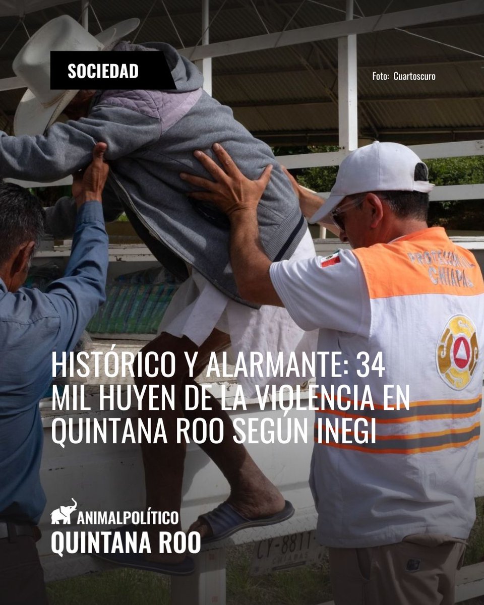 AP_QuintanaRoo's tweet photo. 🔴 Al menos 34 mil 300 personas —equivalentes a 11 mil hogares— abandonaron sus comunidades en Quintana Roo por violencia e inseguridad entre 2020 y 2025, según la Encuesta Intercensal del Inegi. https://t.co/lXfC8008fy