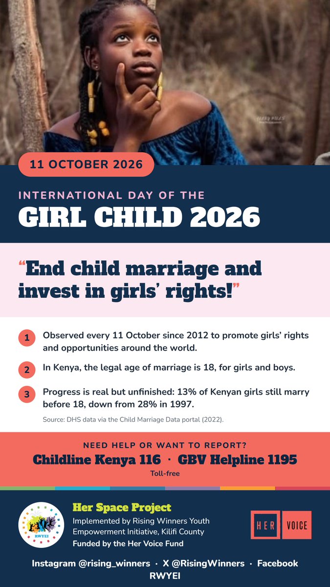 RisingWinners's tweet photo. Kilifi’s girls. Kenya’s future. On #DayOfTheGirl2026 we say: End child marriage and invest in girls’ rights! Kenya’s legal marriage age is 18. Free help: Childline 116 | GBV 1195. Her voice. Her choice. Her future.  #EndChildMarriage #HerVoiceMatters #HerSpaceKilifi #AGYWChampions #HerVoiceKilifi #GenderEqualityNow #SRHRJustice #HerVoiceFund #CommunityAGYWGenderSRHRChampions #SeedsOfChampionship #AGYWLeadership