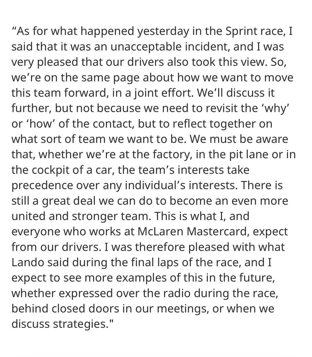 ln4norris's tweet photo. stella: "i was pleased with what lando said during the final laps of the race, and i expect to see more examples of this in the future, whether expressed over the radio during the race, behind closed doors in our meetings or when we discuss strategies"

it keeps getting worse 💀 https://t.co/h5JDqijNs7