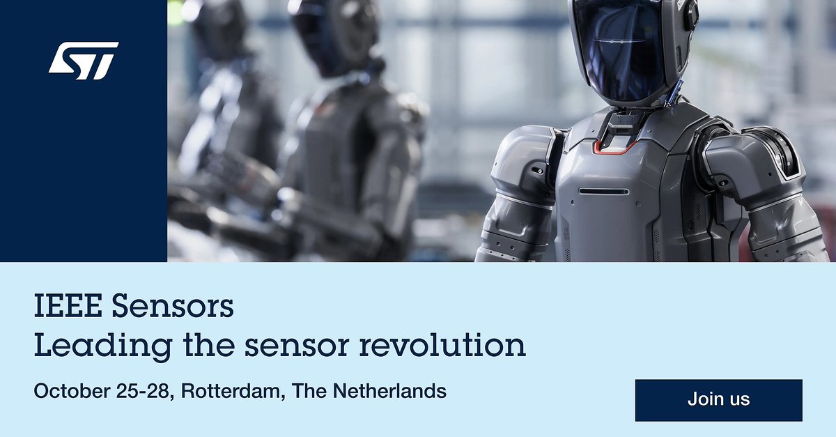 ST_World's tweet photo. The future of #robotics and humanoid systems is powered by advanced sensing.🚀🤖
Join ST and industry leaders at #IEEE Sensors on October 27 in Rotterdam for our dedicated workshop🛠️ Sensors for Intelligent Robotic and Humanoid Systems.
🔍 https://t.co/n5oPaghWXv
@IEEESENSORS https://t.co/uZm7tnIkh7