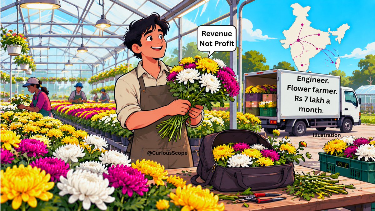 CuriousScope's tweet photo. An electronics engineer in Bengaluru was expected to join a tech company, like his classmates. He chose flowers. In 2013 he took over his cousin’s rose farm. In 2018 he put Rs 15 lakh into a polyhouse and 12,000 gerbera plants. Farming is uncertain, and few people expect it to beat an IT salary. Today his farm, Lohith Flora, sells chrysanthemums across India. So what did he do that most flower farmers didn’t?