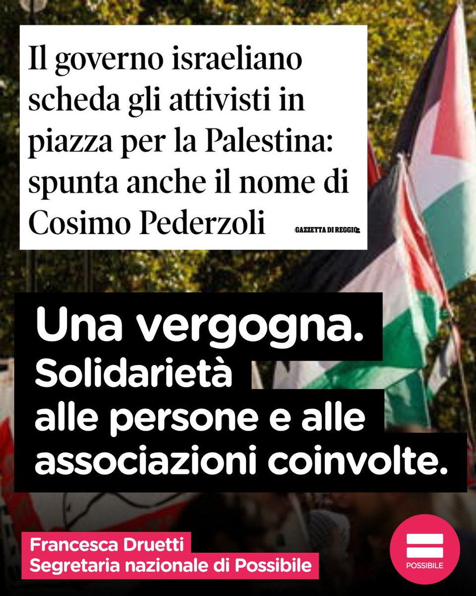 PossibileIt's tweet photo. Esprimiamo piena solidarietà a Cosimo Pederzoli e Maria Elena Delia, due cittadini italiani che compaiono con nome e cognome in un report del governo israeliano sulle manifestazioni degli ultimi giorni, con l’accusa di promuovere attività antisemite. https://t.co/IFsdeyJQHy
