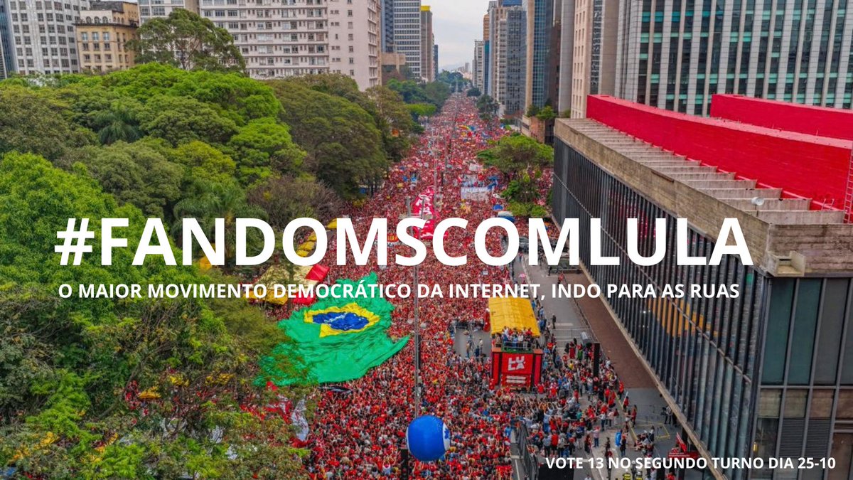 Divaverso_Diva's tweet photo. O MAIOR MOVIMENTO DEMOCRÁTICO DA INTERNET, INDO PARA AS RUAS. 

Que orgulho ver isso. Juntos podemos fazer tudo mesmo. Vamos votar 13, vamos fortalecer nossas bandeiras, vamos defender os que nos defende.

As ruas são nossas, as redes são nossas. Que nunca paremos de mostrar que quem decide o futuro do Brasil somos nós. 

Esse movimento não é para intimidar, é para fortalecer e mostrar para você indeciso, você que não votou, que estamos aqui por você também. Dê uma chance, vote 13, vote Lula no segundo turno.  

#FandomsComLula #FandomsNoMASP #LulaNaPaulista