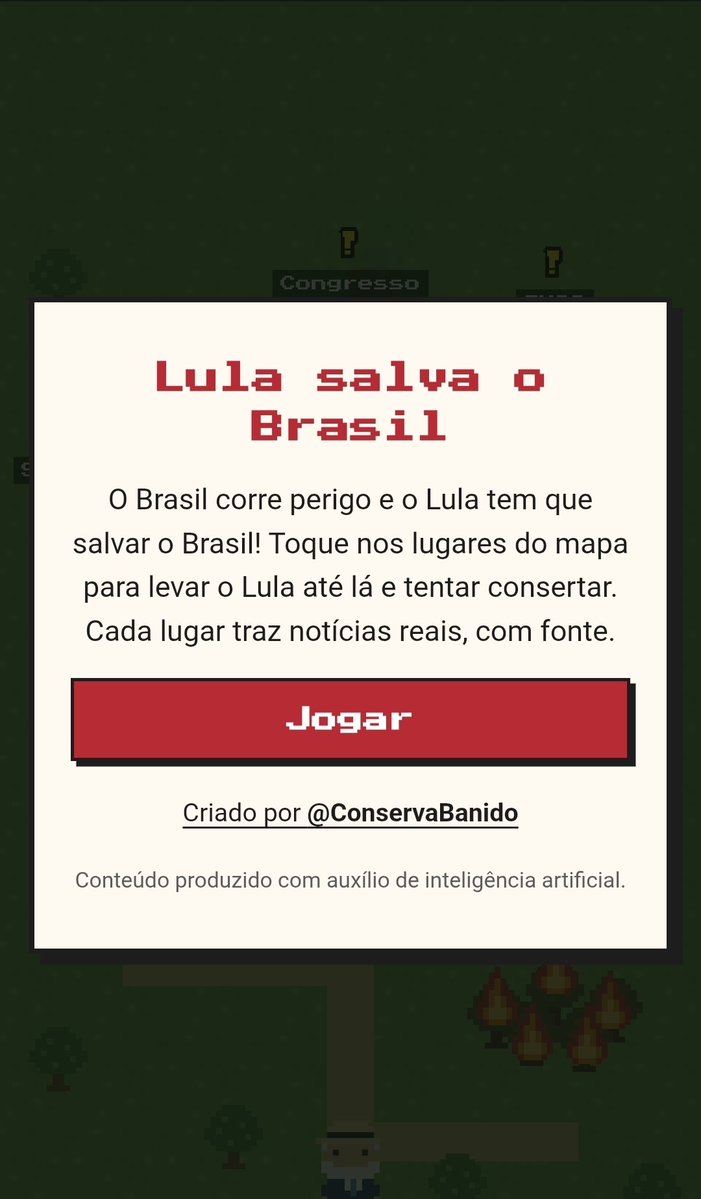ConservaBanido's tweet photo. Lula salve o Brasil!

Galera, lancei o joguinho https://t.co/1OYW8atsOY

Basicamente é um jogo pra trollar pra esquerdista.

Você é o Lula e tem que recuperar vários programas sociais e problemas do Brasil. 

Mas algo engraçado acontece.

Compartilha, joga e manda seu feedback! https://t.co/bioFFp6TzO