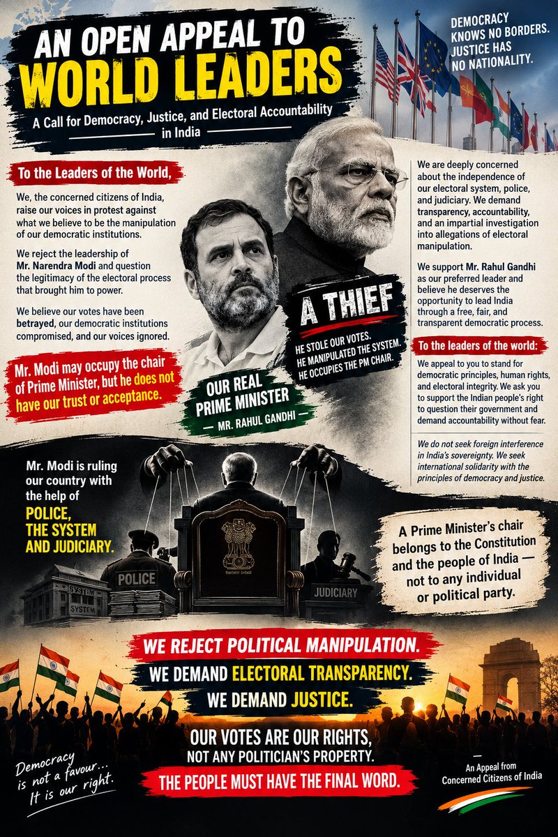 Prince41262364's tweet photo. Democracy belongs to the people. We call for transparency, accountability, and respect for every vote in India. Let citizens question institutions and demand justice peacefully and constitutionally. #Democracy #ElectoralIntegrity #India
@ECISVEEP  @RahulGandhi  @UNHumanRights https://t.co/hGNMRPCVhp