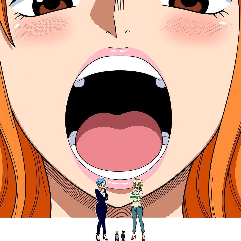 AIDarkDesire's tweet photo. I had to eat them, I couldn't resist. #nami #VOREAS10TH #vorefetish #giantess #NSFWAI https://t.co/XnsM4E9y6x