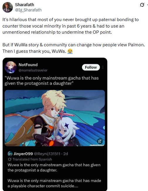 WhiningWaves's tweet photo. WuWa fans crashing out after learning their game didn't invent daughters in gachas.

0 Days https://t.co/zmX5gPFfrn