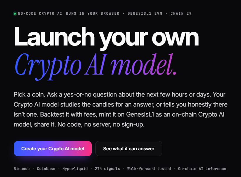 AlbertNaghel's tweet photo. How to launch your first crypto AI model on GenesisL1.

NO CODING REQUIRED! 🤯

Here’s a quick guide to GL1F Crypto 👇

1️⃣ CHOOSE YOUR DATA

Open https://t.co/t1lJoF2hen → Create Crypto AI model.

Select:
• Exchange: where the data comes from.
• Market: the coin you want to study.
• Candle: data resolution - 15m means one candle every 15 minutes.
• Start / End: the historical period your model will study.

For this example: Binance → ETH → 15m candles → six months of completed history.

2️⃣ DEFINE YOUR QUESTION
Use these example settings:
• Direction: Up
• EMA baseline: 5
• Target: 1%
• Stop: 0.5%
• Horizon: 5 hours

EMA is a moving average that gives more weight to recent prices. “5” means five candles.

Your question becomes:

“Will ETH reach 1% above EMA5 before reaching 0.5% below it, within the next five hours?”

Both levels are measured from the EMA baseline.
The model learns from historical yes/no outcomes.

3️⃣ CHOOSE YOUR SIGNALS
Signals are the information the model can see: price changes, volatility, volume, momentum, BTC movements and more.
Start with the “Optimal” preset.

More signals don’t automatically mean a better model.

Click “Build dataset” → “Continue to training”.

4️⃣ TRAIN YOUR MODEL

For your first experiment, keep the default model settings and use “Walk-forward” validation.

That means learning from earlier data and testing on what happened next.

The main settings:

• Trees: how many learning steps the model can take.
• Depth: how complex each tree can become.
• Learning rate: how much each tree contributes.
• Min leaf: minimum examples supporting a final tree decision.
• Final test %: the latest data reserved for evaluation.

Keep early stopping enabled: it stops adding trees when validation stops improving.

Train, inspect the results, then save your .gl1f file.

5️⃣ BACKTEST WITH COSTS

Use the final test period and include fees and slippage.

“Entry threshold” is the minimum probability required for a simulated signal.

0.60 = at least 60%.

Start with 1× leverage for this exercise.

Check drawdown, trade count and the full equity curve - not just the final return.

Avoid repeatedly changing settings to make the same final test look better.

6️⃣ RUN INFERENCE
Inference means asking your trained model to evaluate a new completed candle.
A result of 0.72 means:

“The model estimates a 72% probability of the specific event you defined.”

It is an estimate, not a guarantee.

7️⃣ OPTIONAL: PUBLISH

When deployment is available, you can mint your model as an NFT on GenesisL1, choose its license and configure free access, tips or paid usage.

Pick a market. Define a question. Build. Test. Learn.

No code required. Fees are burnable. 

Experimental research software. Backtests are simulations; the platform explicitly excludes live trading and automated execution. 🤝

genesisl1:native