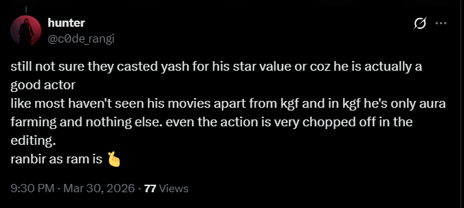 c0de_rangi's tweet photo. @B0bsshant imo not hating yash he has a lot to prove with this film
but ive been saying this the whole year now https://t.co/YmNSAx6sPz https://t.co/dfPs50WQEp