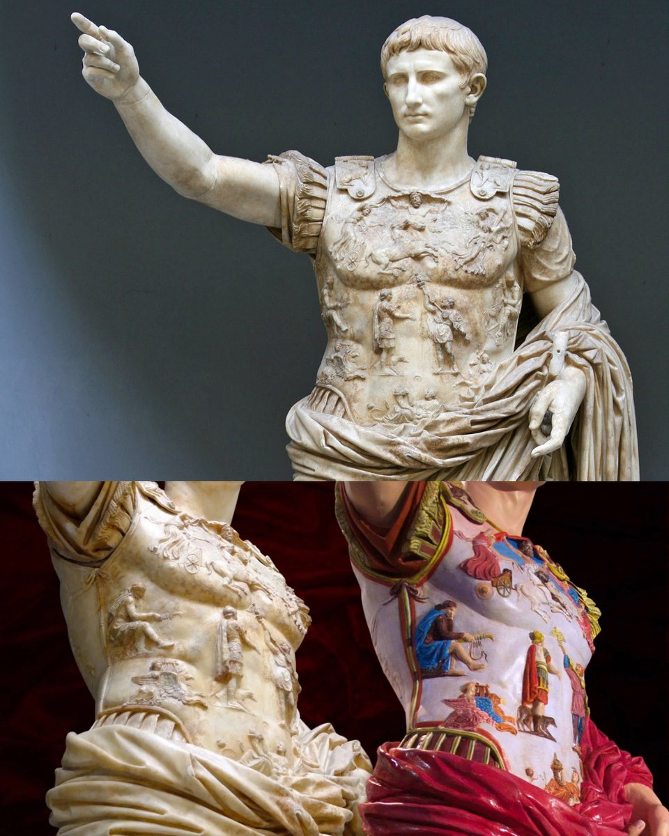 JamesLucasIT's tweet photo. If you had seen this statue in ancient Rome, you might not have recognized it because it wasn’t white: his cloak was a vivid red, parts of his armor were picked out in blue, and the whole figure was painted to look as alive as possible...

It’s the Augustus of Prima Porta, a 2000 years old portrait of Rome’s first emperor, found on 20 April 1863 in the ruins of the country villa of his wife Livia, just outside Rome, where she spent her last years after his death in AD 14.

He’s dressed as a general, his cloak wrapped around his hips and his right arm raised as if he were about to speak to his troops, yet his feet are bare, which in Roman art was normally a privilege of gods and heroes.

When it was dug up, the first scholars to study it could still see faint traces of paint, and in 2002 restorers at the Vatican Museums began a careful cleaning that brought many more back to light. Analysing those traces with X-rays, they found bright red on Augustus’s tunic and cloak, and blue on the fringe of his armor and on the trousers of the Parthian on his breastplate, enough for the museum to create a full painted replica of how he may once have looked.

The breastplate carries the story he most wanted people to remember: at its centre, a Parthian king hands a Roman officer the military standards that Rome had lost in 53 BC at Carrhae, one of the most humiliating defeats in its history, and which Augustus managed to recover in 20 BC through negotiation rather than war. Above them the sky god spreads his cloak across the heavens, and below lies the goddess of the Earth, as if the whole universe had turned out to witness the moment...