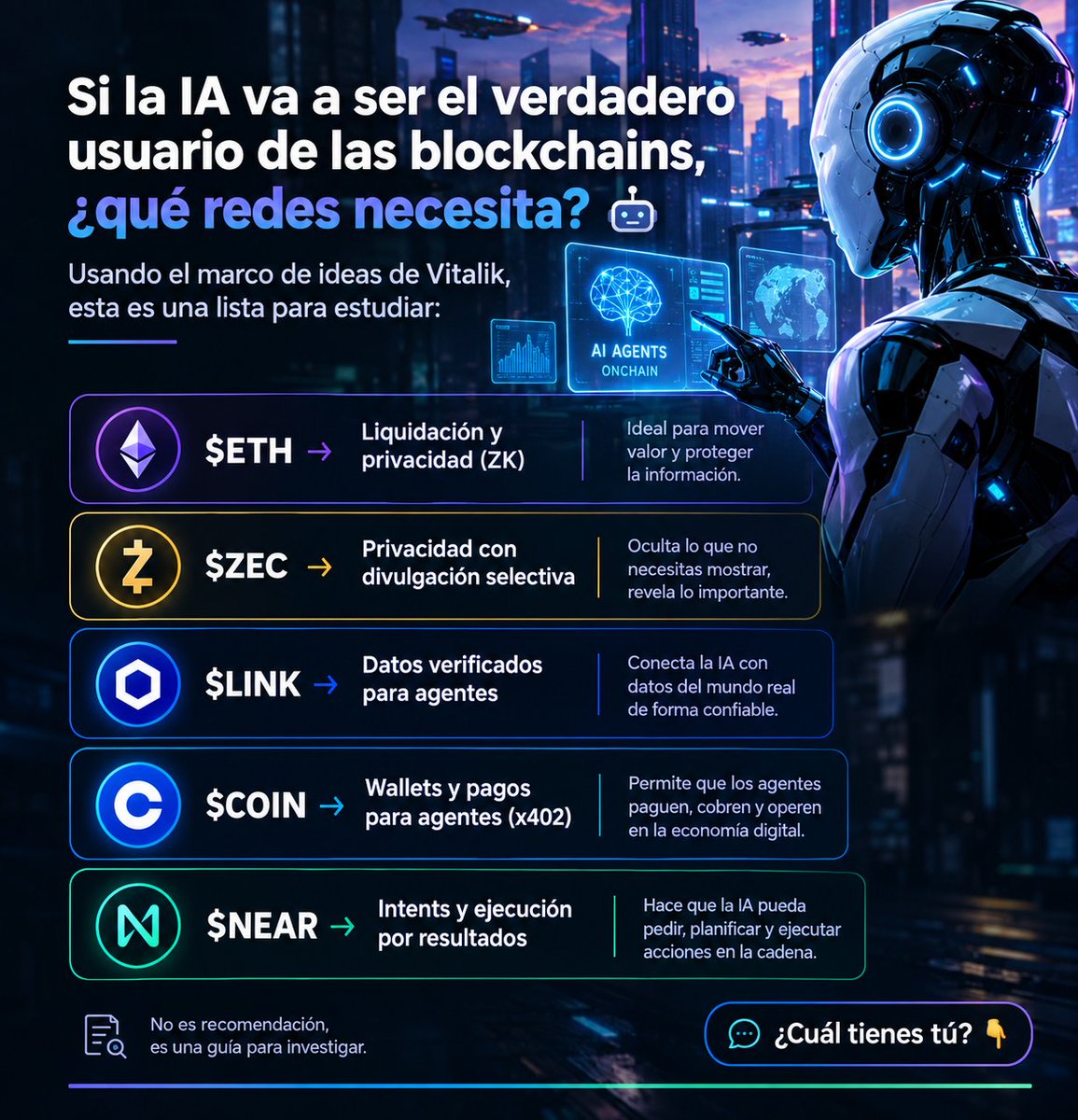 ETFsAndCripto's tweet photo. 🤖 ¿Y si Vitalik tiene razón sobre el futuro de las blockchains? @VitalikButerin 

Si los agentes de IA se convierten en los nuevos usuarios de la economía digital, ¿qué redes necesitarán?

5 proyectos que vale la pena estudiar. 👇
#AI #Crypto #Blockchain https://t.co/BG4RcnTXMD