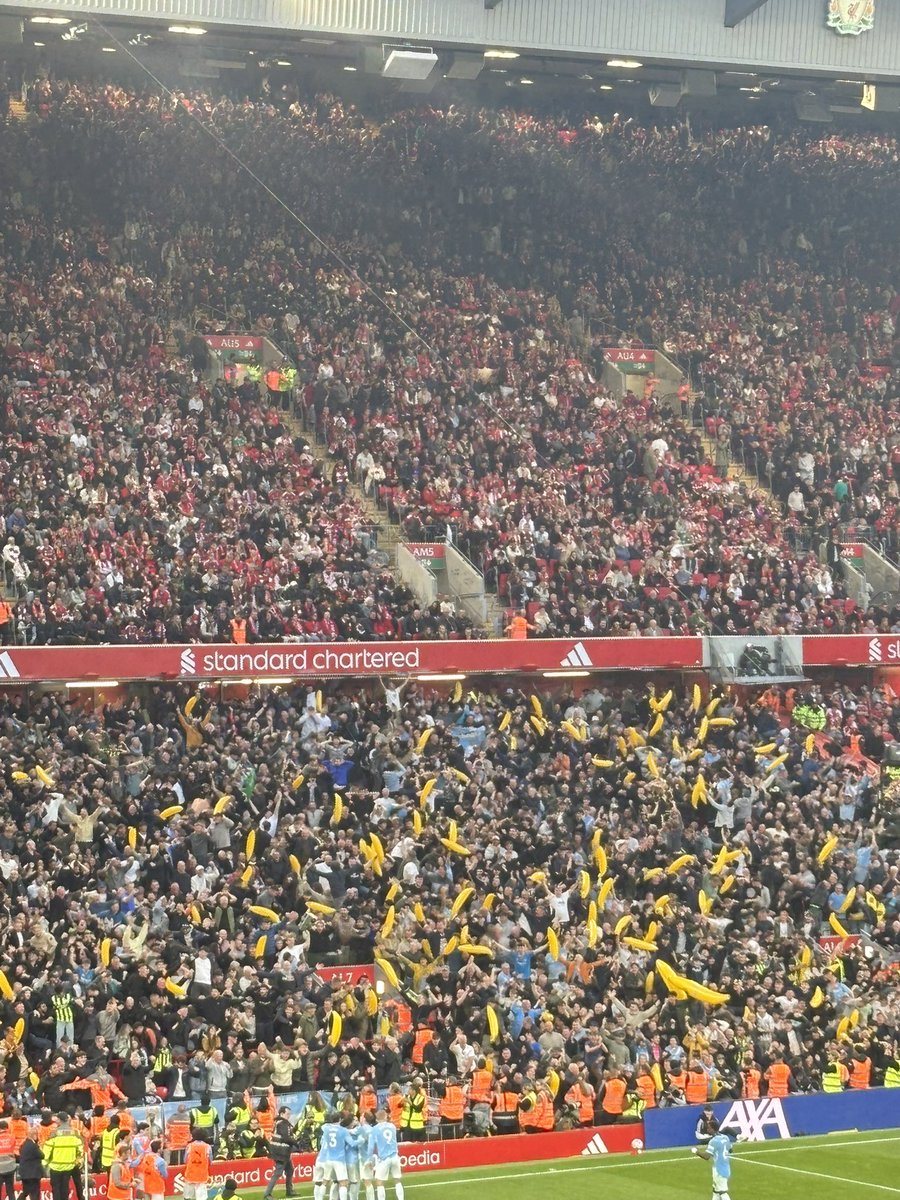 spbajko's tweet photo. Premier League away days may be numbered for #mancity fans but fair to say they’ve enjoyed their trips to Old Trafford and Anfield this season. A surreal afternoon of banana-wielding Ole’s as Maresca’s team remain on course for, erm, 114 points https://t.co/o8Qj2hml6j