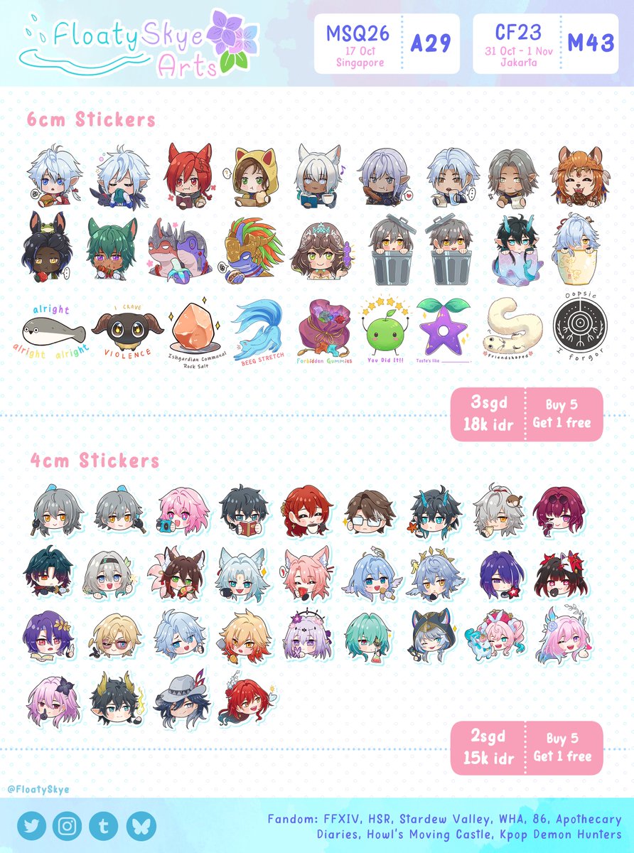 floatyskye's tweet photo. Catalogue for #msqsg2026 and #CF23 is up. I'll be at:

📍MSQSG A29 - Hello! Let's Do This!
📍CF23 M43 - Michi Etro Skye

Mostly FFXIV, HSR and a few other fandoms too. Hope to see you there~

[💜🔁 Appreciated!] https://t.co/gcKGaRBpkM