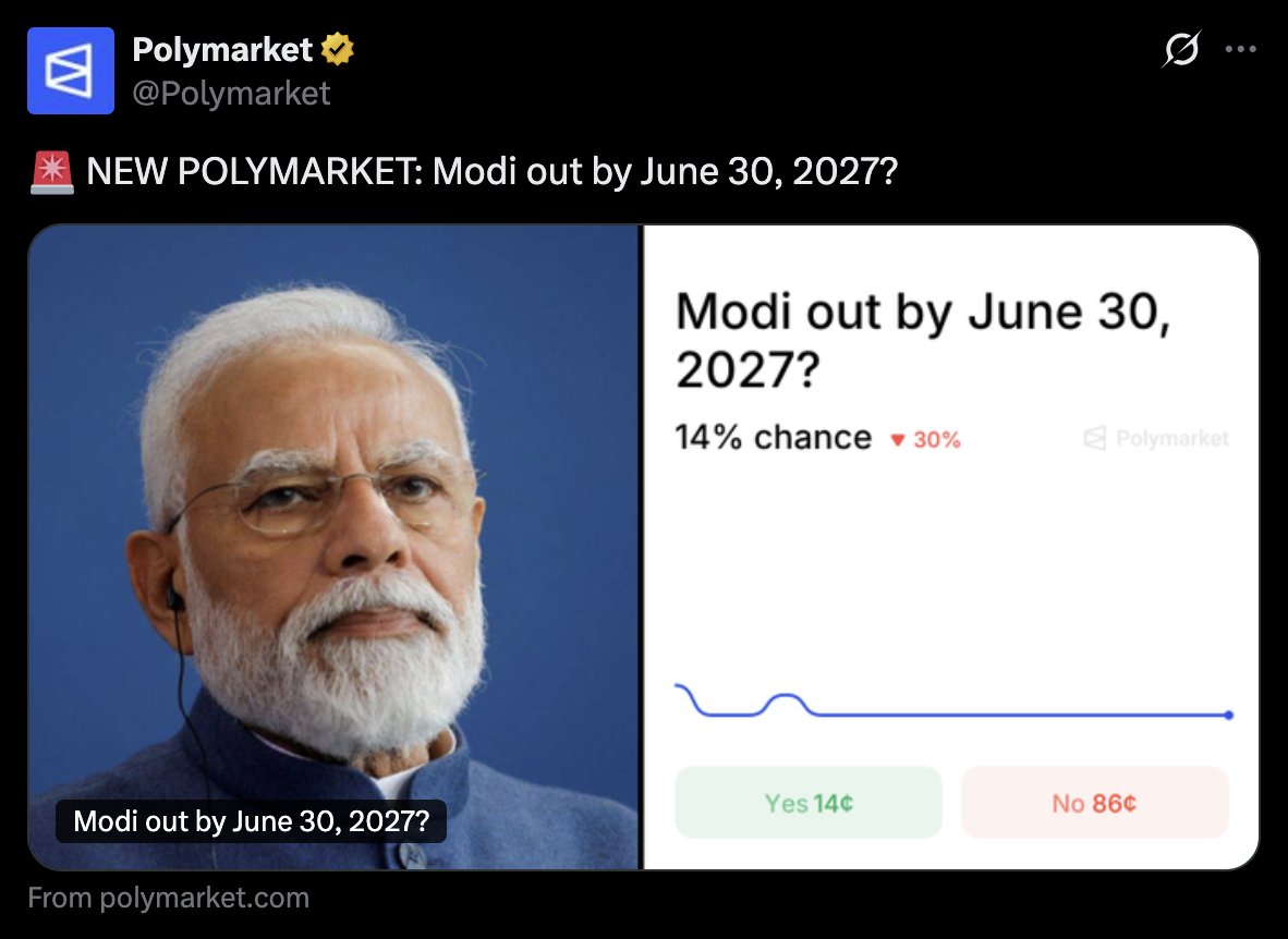 aravind's tweet photo. 0% chance.

But my intuition says Polymarket suffering a major crisis wiping out billions in investor money, there's a 100% chance. https://t.co/xnuNavPKWr