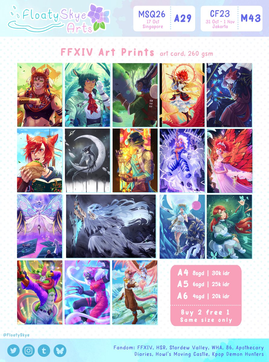 floatyskye's tweet photo. Catalogue for #msqsg2026 and #CF23 is up. I'll be at:

📍MSQSG A29 - Hello! Let's Do This!
📍CF23 M43 - Michi Etro Skye

Mostly FFXIV, HSR and a few other fandoms too. Hope to see you there~

[💜🔁 Appreciated!] https://t.co/gcKGaRBpkM
