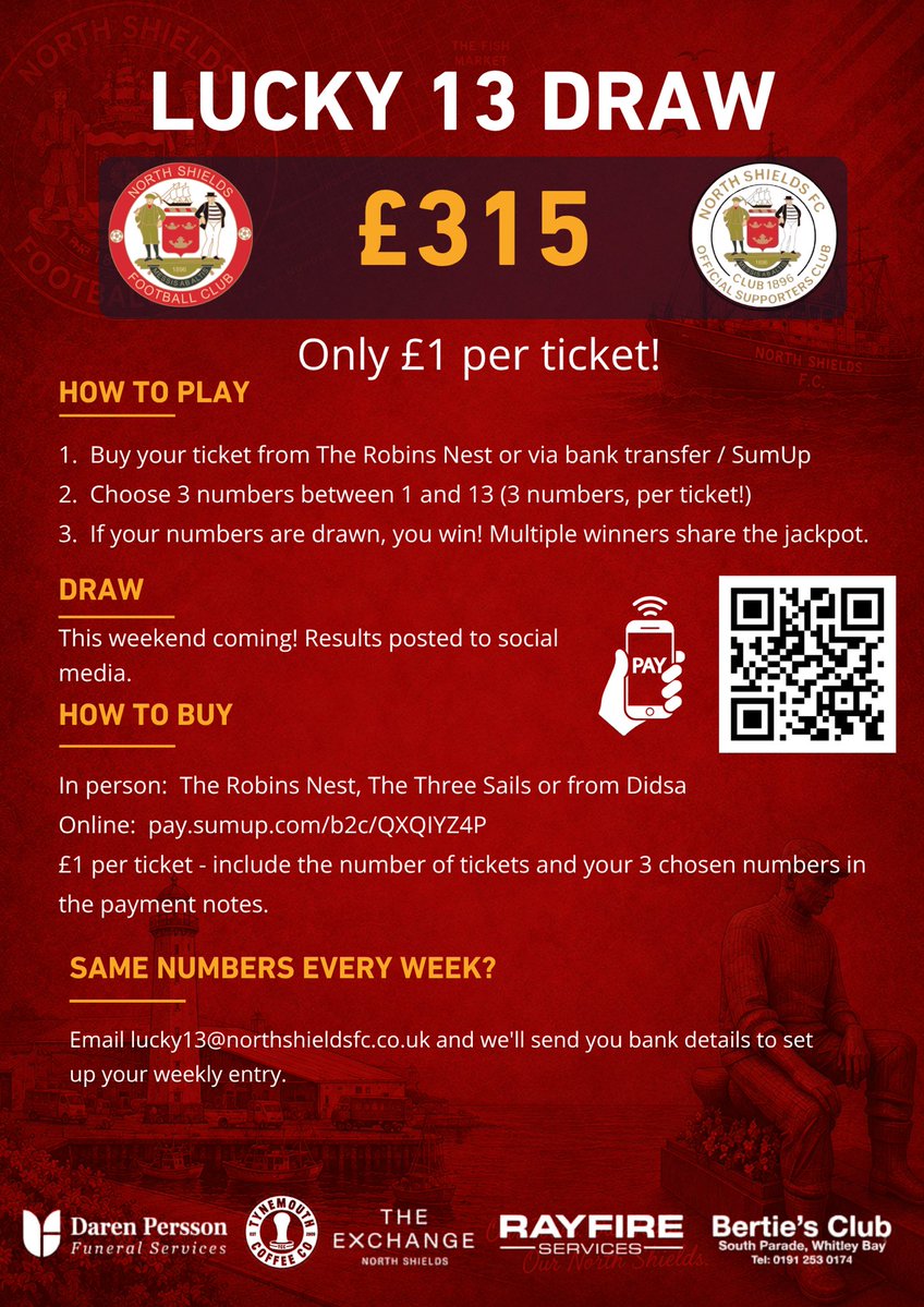 NorthShieldsFC's tweet photo. ποΈ ROBINS LUCKY 13 | JACKPOT Β£315! π΄βͺοΈ
Play this weekβs Robins Lucky 13 and you could be walking away with a Β£315 cash prize! π·
Support the club and get your numbers in today
#HowayTheRobins #NE29 https://t.co/eBuVfhCh0S