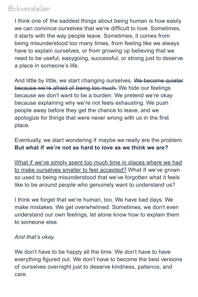ethserlune's tweet photo. I hope we find people who understand our hearts without making us feel like we have to translate our souls just to belong. Until then, let’s be kinder to ourselves. We were never too hard to love. :] https://t.co/svtqLLOYBn