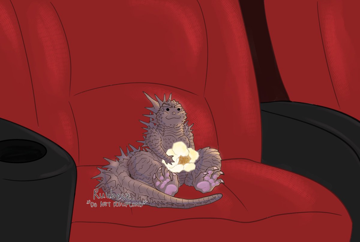 ruubesz's tweet photo. Tiny Godzilla Minus Zero with his single tiny popcorn. He is excited

(Idk how big he's going to be in the new movie so I kept him smol) https://t.co/XBllOMvqZd