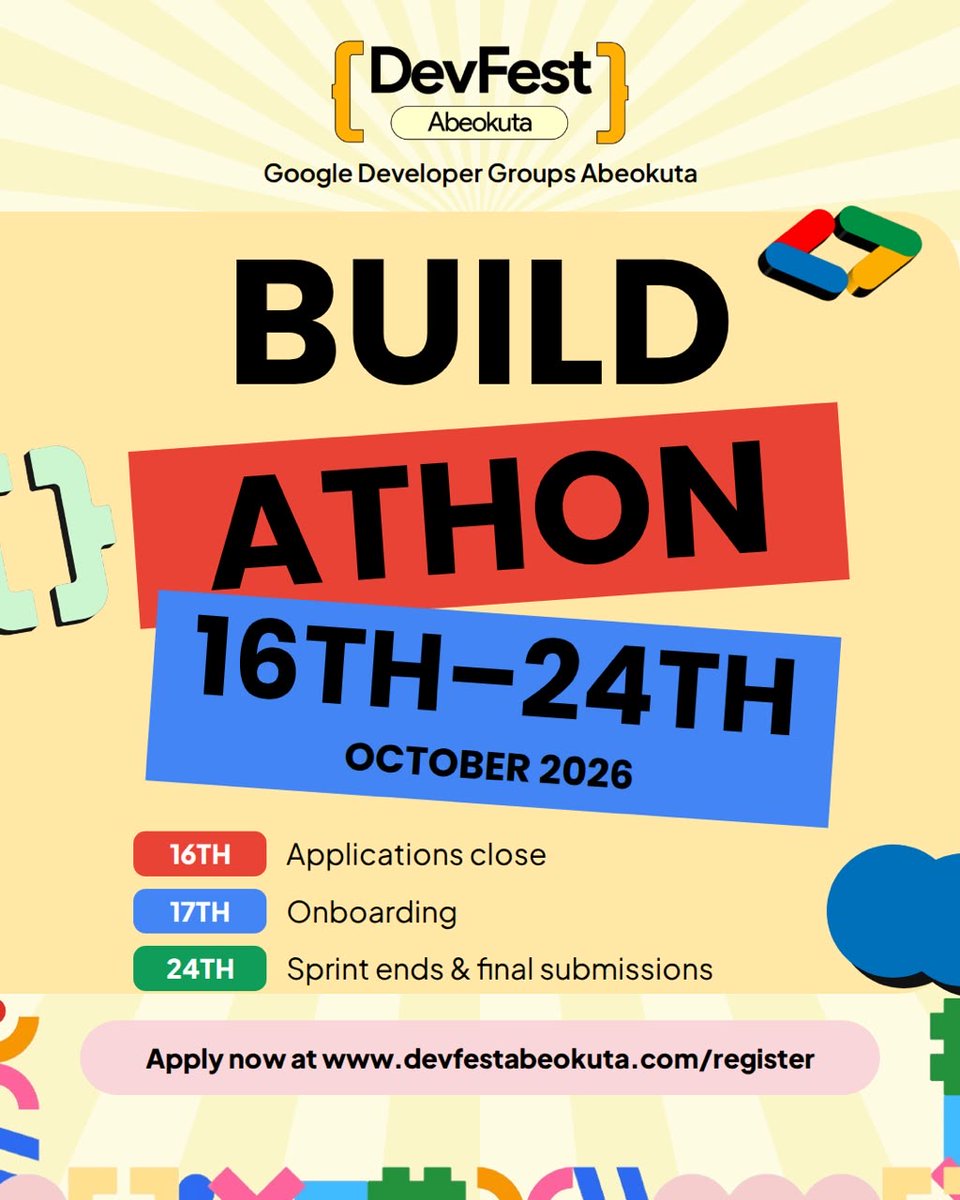 gdgabeokuta's tweet photo. A week to turn ideas into action and put your building skills to work.

Got an idea? Start thinking. Start preparing. It’s almost time.

Register at https://t.co/XTkID7ibRB

#DevFestAbeokuta26 #Buildathon #GDGAbeokuta https://t.co/bqOrXr81jO