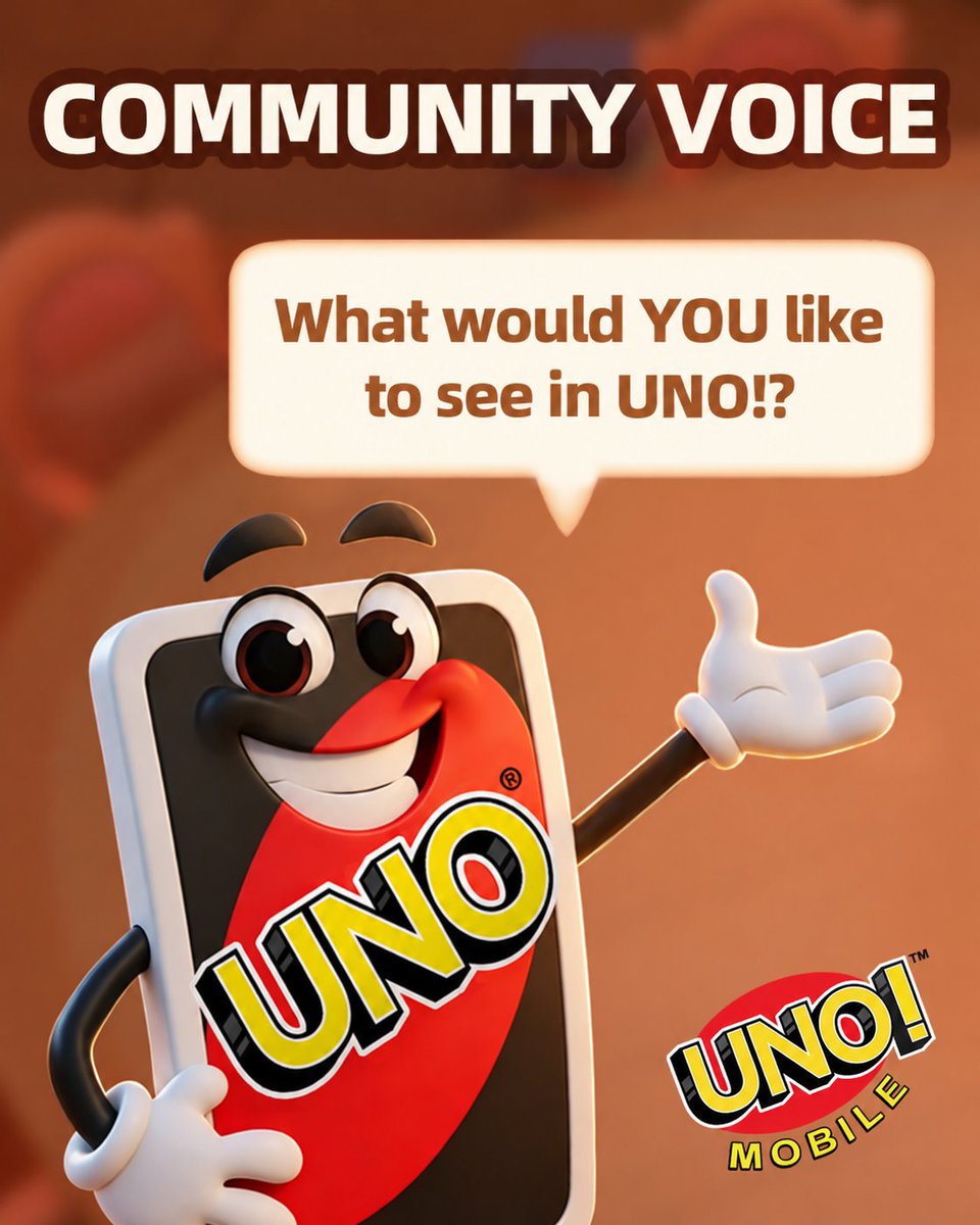 UNOMobileGame's tweet photo. 📢 COMMUNITY VOICE—What do you want to see come to UNO!? 💫

With UNO Championship Series Finals coming up, what types of modes, gameplay, and unlockables would you most like to see debut in UNO! Mobile?

Share below, and 5 high-quality respondants will get an awesome UNO Gift Code! 🎁