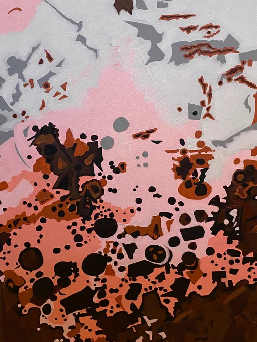 An abstract painting: a chaotic series of black dots on patches of gray, pink, and rusty reds and browns.