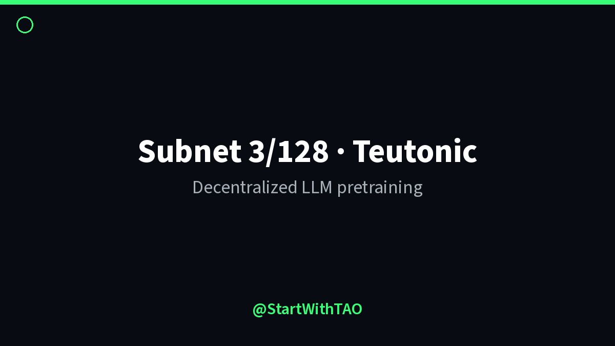 StartWithTAO's tweet photo. Subnet 3/128: Teutonic

Problem: training frontier language models is locked inside one lab.

How: miners challenge the reigning "king" model; validators crown a better checkpoint.

Live chain is Teutonic-II ~110B MoE (per https://t.co/etPrwEFY8T)

$TAO #Bittensor https://t.co/ffeJFDZ4R6