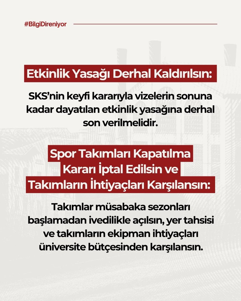 dayanisma_bilgi's tweet photo. NEREDEYSE TÜM SPOR TAKIMLARI KAPATILDI VE KULÜPLERE ETKİNLİK YASAĞI GETİRİLDİ!

Geçtiğimiz günlerde SKS tarafından iletilen kararlarla, kulüp etkinlikleri donduruldu ve spor takımlarımızın büyük bir kısmı bütçe yetersizliği bahane edilerek kapatıldı.

Nasıl olduğunu anlamasak da yarın (12 Ekim Pazartesi) Kuştepe'de, sonraki gün (13 Ekim Salı) santral'de WelcomeFest kapsamında gerçekleşecek Kulüp Günleri'nde etkinlik yapması yasaklanan "Hepiniz pasifsiniz, etkinlik yapamazsınız." denilen kulüpler SKS organizasyonunda stantlarda üyeleriyle buluşacak. Üstelik şeffaflık, uzun bir süredir üniversitemiz internet sitesinde "İlkelerimiz" sayfasında tozlandığından; birçok kulüp yönetimi etkinlik yasağından dahi hala habersiz.

Taleplerimiz net:

Vizelerin sonuna kadar uygulanan etkinlik yasağı derhal sonlandırılmalıdır. 
Takımlar müsabaka sezonu başlamadan açılmalı, yer ve ekipman desteği üniversite tarafından sağlanmalıdır.

#BilgiDireniyor