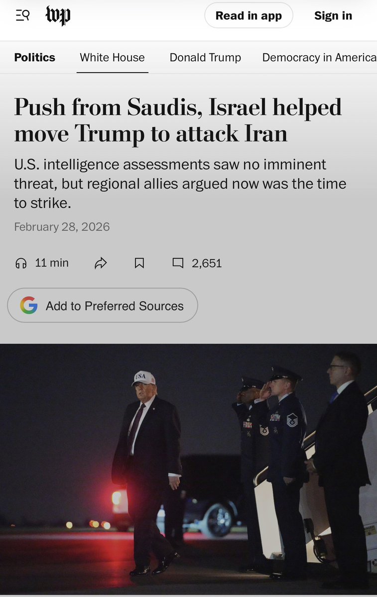 Amirebrahi91824's tweet photo. خبر اختصاصی واشنگتن پست @washingtonpost ساعاتی قبل حمله به ایران در ۲۸ فوریه و آغاز جنگ ۳۹ روزه  : 

واشنگتن‌پست — ۲۸ فوریهٔ ۲۰۲۶

فشار عربستان و اسرائیل در سوق‌دادن ترامپ به حمله به ایران نقش داشت.

ارزیابی‌های اطلاعاتی آمریکا حاکی از وجود تهدیدی قریب‌الوقوع نبود، اما متحدان منطقه‌ای استدلال می‌کردند که اکنون زمان حمله است 
#حافظه_تاریخی 

https://t.co/sJmNgKl0iP