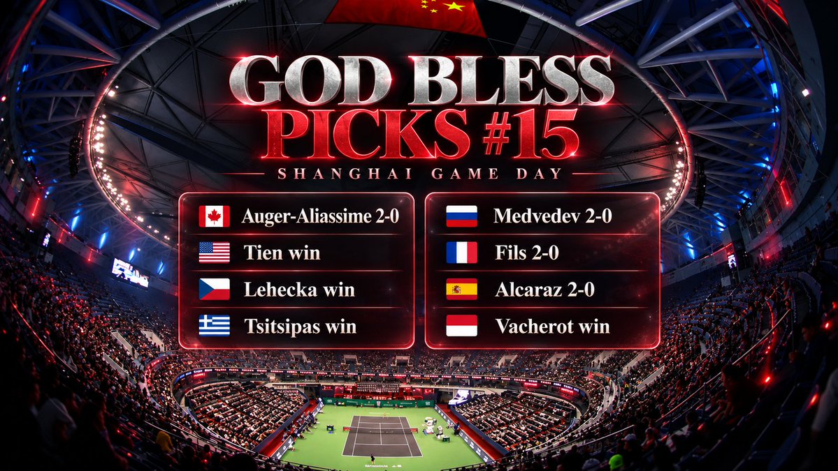 godblessbets's tweet photo. 🔥 #GodBlessPicks
🎾 GOD BLESS PICKS #15 - SHANGHAI GAME DAY 🇨🇳

🇨🇦 Auger-Aliassime 2-0
🇺🇸 Tien win
🇨🇿 Lehecka win
🇬🇷 Tsitsipas win
🇷🇺 Medvedev 2-0
🇫🇷 Fils 2-0
🇪🇸 Alcaraz 2-0
🇲🇨 Vacherot win

Drop a like if you're following the picks ❤️

My personal thoughts and picks for the Shanghai gameday. For informational purposes only. Some of the best ideas may later be posted as official bets.

#Tennis #ATP #TennisPicks #TennisBetting #TennisAnalysis #ShanghaiMasters #RolexShanghaiMasters