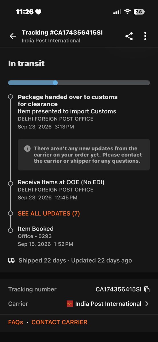 arnav30's tweet photo. @Delhicustoms tracking id: CA174356415SI

My parcel was presented in 23rd sep’ why it hasn’t been cleared yet and no updates!?? What’s the issue? Pls check and update https://t.co/EjQDvK5Fmi