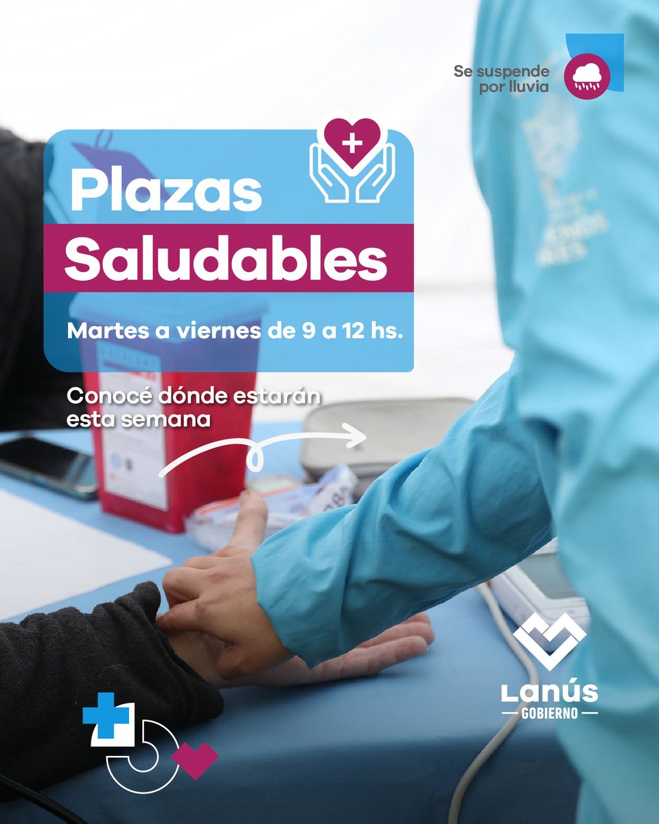 lanusmunicipio's tweet photo. 🩸🩺 Del martes 13 al viernes 16 de octubre acercate de 09:00 a 12:00 a nuestras postas saludables en las plazas de Lanús, donde vas a poder acceder a:

✅ Toma de signos vitales, control de peso y talla
✅ Talleres de alimentación saludable
✅ Actividad física grupal
✅ Charlas informativas
✅ Juegos y actividades
✅ Turnos para nutrición

Deslizá para conocer dónde encontrarnos 👉🏼

📌 Se suspende por lluvia.

#LaCiudadQueNosMerecemos 🩵
