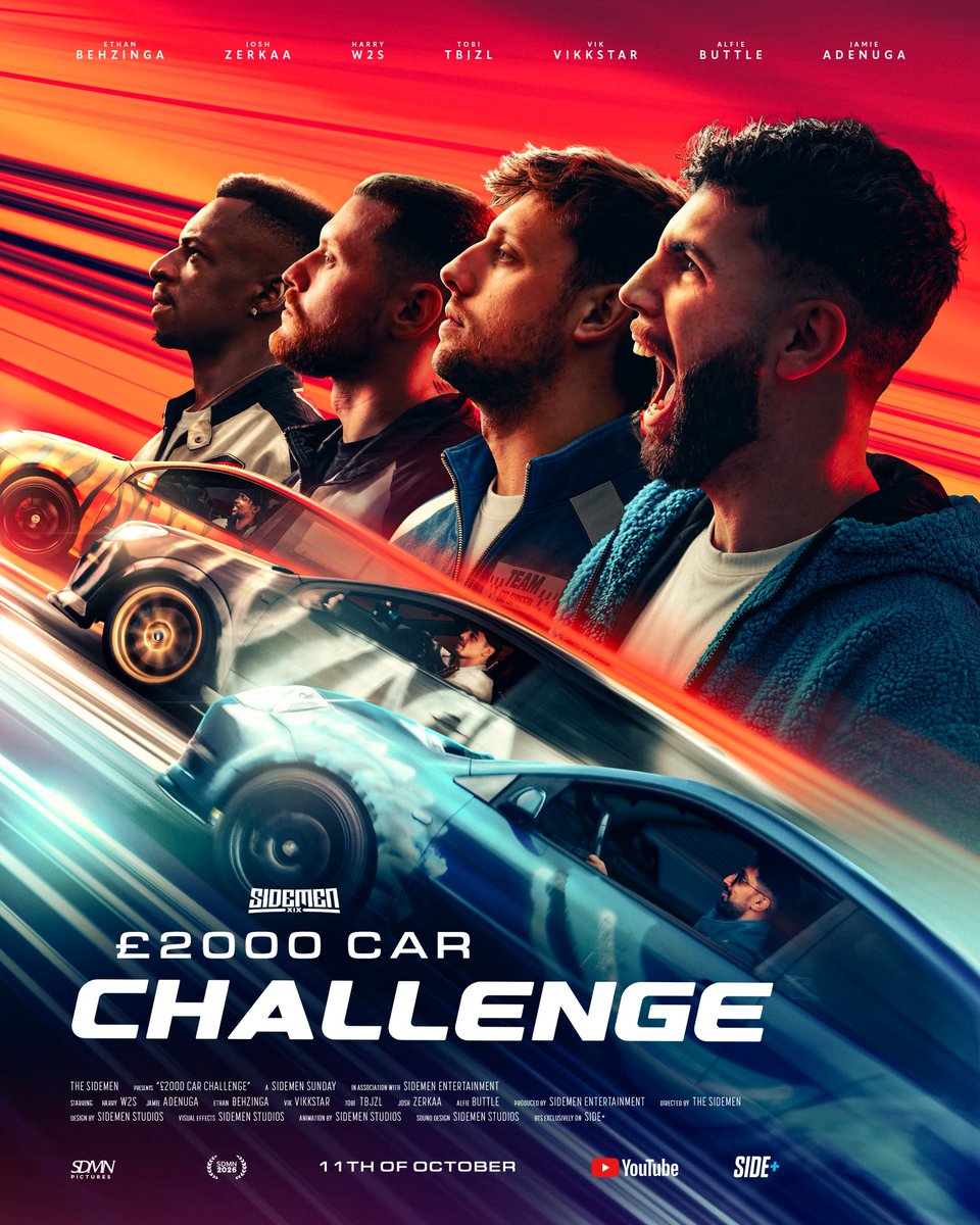 Sidemen's tweet photo. Drivers, start your engines! 😎🚗

Sidemen £2000 car challenge is OUT NOW! 

Watch ad-free on Side+ https://t.co/SczQHOBZtx