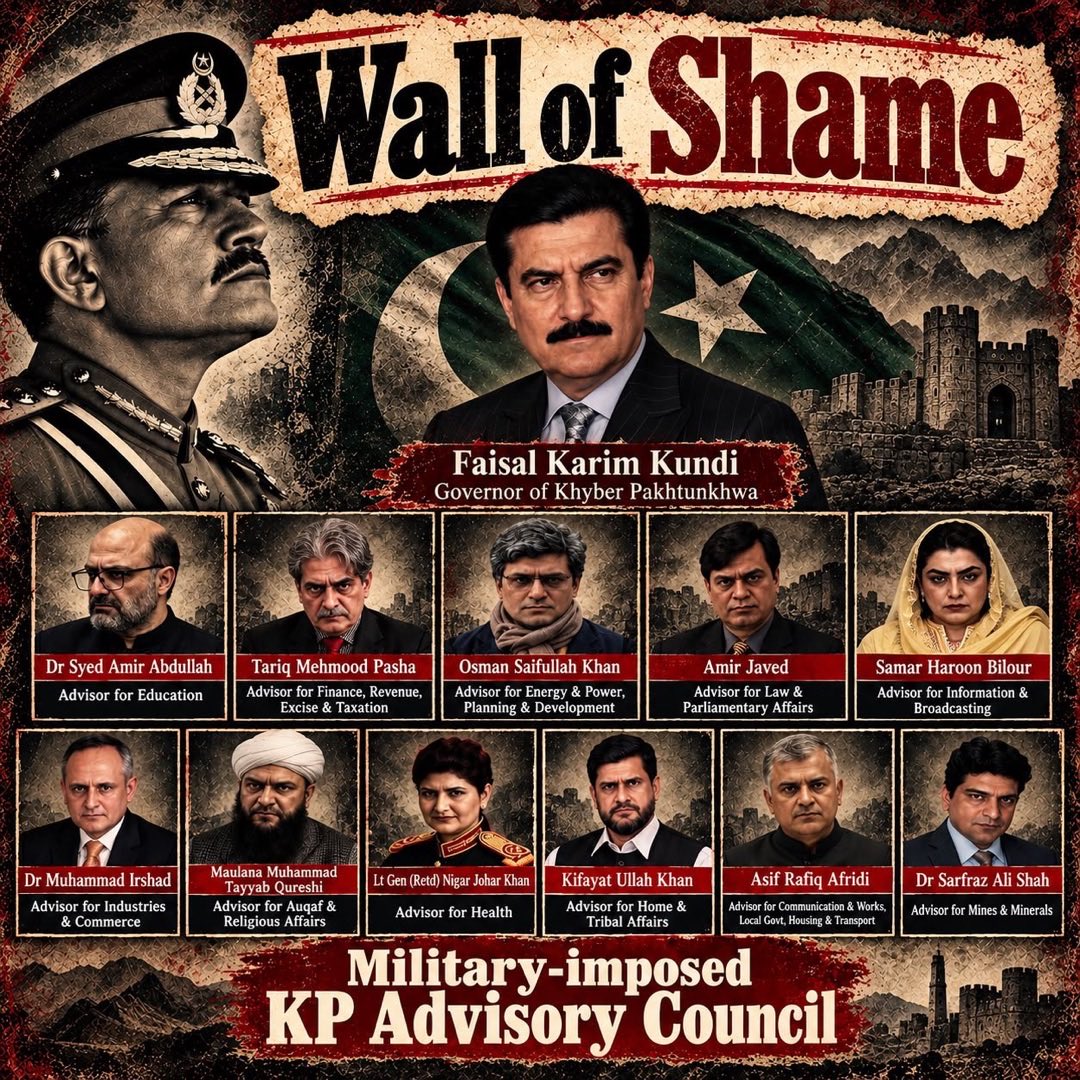 PTIOIC's tweet photo. Wall of Shame. 

Unelected faces of the military-imposed advisory council in Khyber Pakhtunkhwa. 

Military-imposed unelected governments across the whole of Pakistan, including the federal government. 

The military always seem to have such selfish people in their pockets who are willing to become the shameless faces of the undeclared martial law (currently Asim Law).
#نکلو_پشاور_کی_طرف