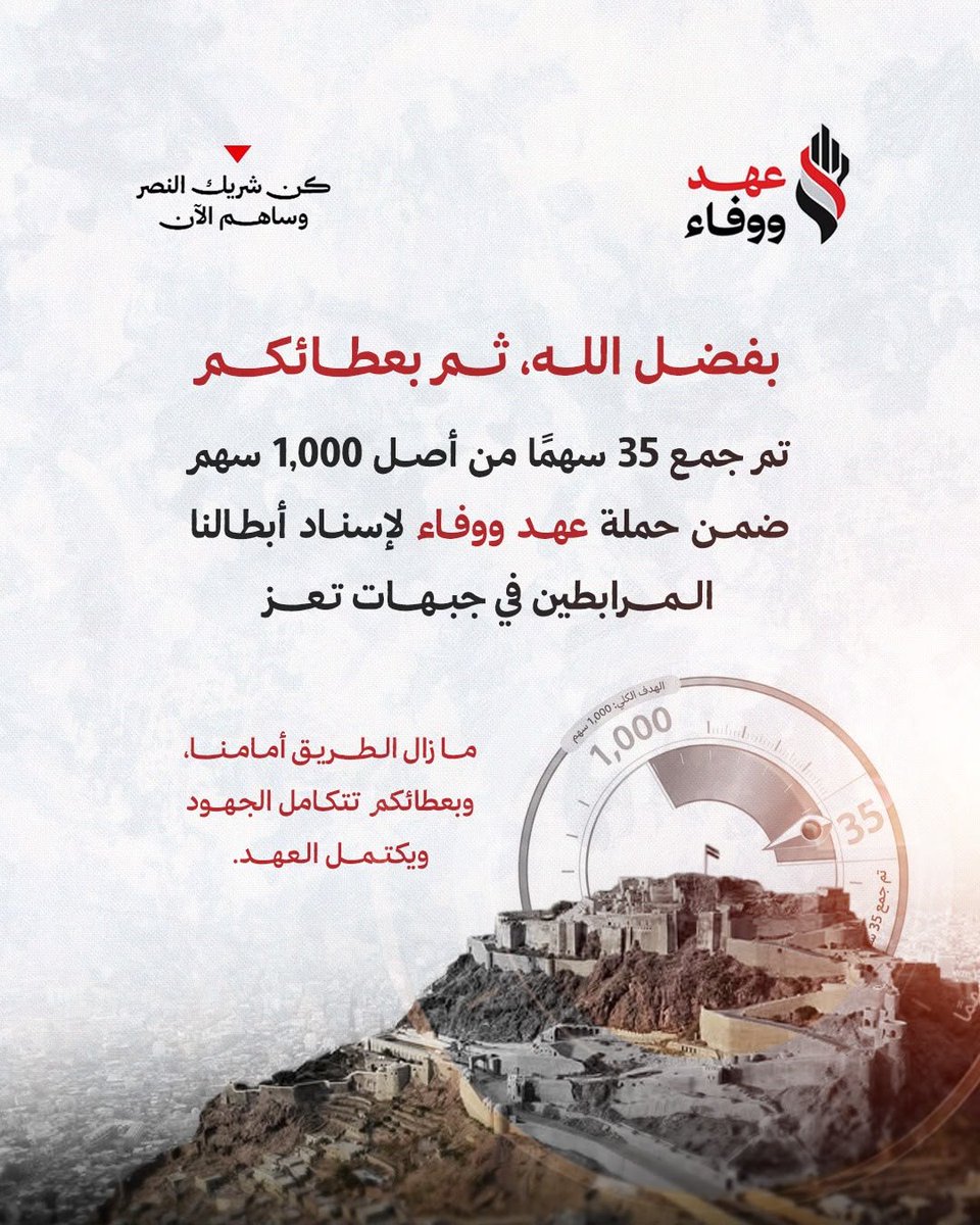 Ahdandwafa's tweet photo. بفضل الله، ثم بعطائكم، تم جمع 35 سهمًا من أصل 1,000 سهم ضمن حملة عهد ووفاء لإسناد أبطالنا المرابطين في جبهات تعز.*

ما زال الطريق أمامنا، وبعطائكم تتكامل الجهود ويكتمل العهد.

للمساهمة والاستفسار يرجى التواصل مع الرقم التالي:
https://t.co/6UMziG2TaQ https://t.co/y0SoegvxTy