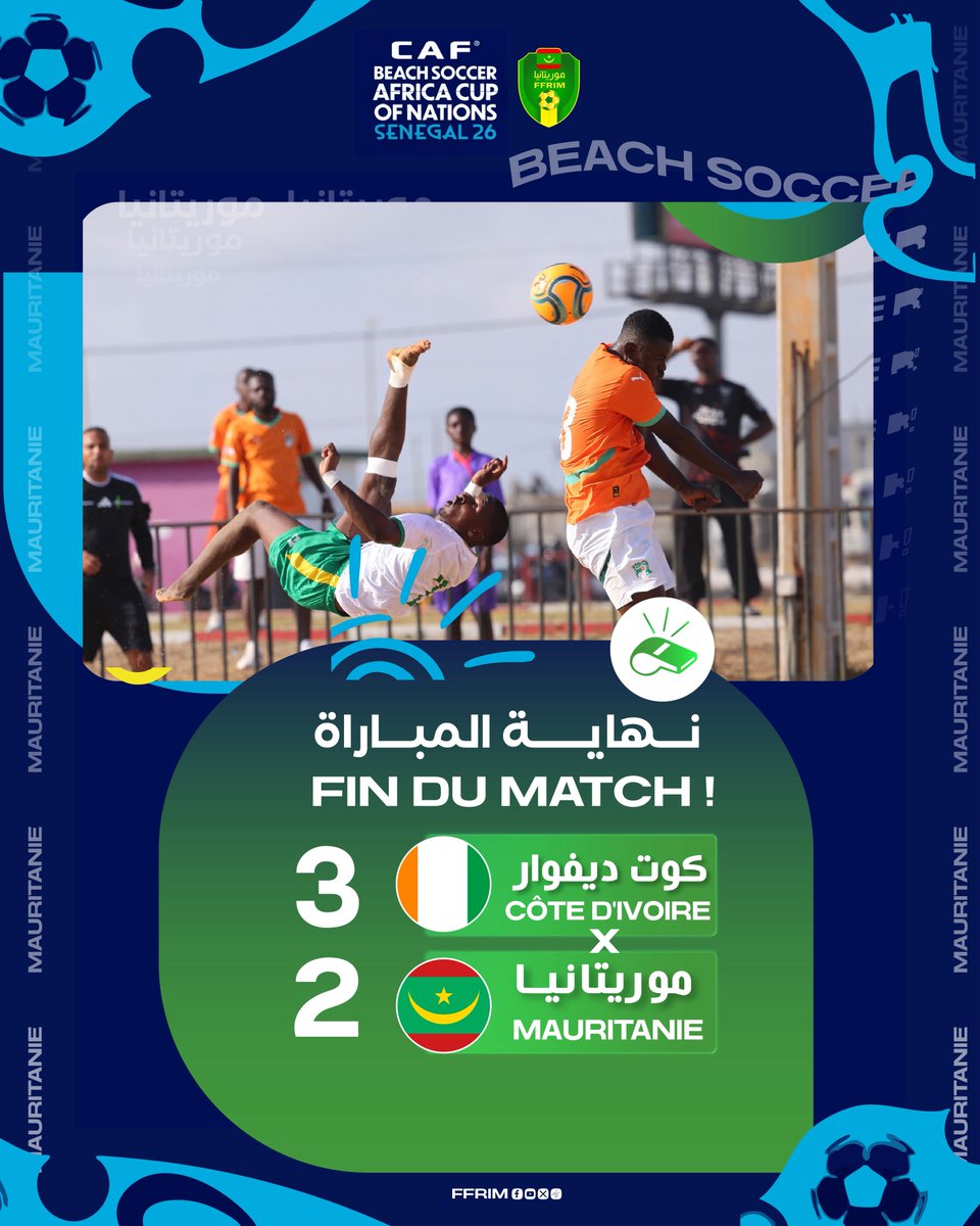 ffrim's tweet photo. 🚨 | La sélection nationale de Beach Soccer 🇲🇷 s’est inclinée de justesse face à la Côte d’Ivoire 🇨🇮 lors du match aller des éliminatoires de la CAN Beach Soccer.

Le match retour entre les deux sélections se disputera le 18 octobre au stade Pape Amghar Dieng, à Nouakchott. https://t.co/XSBl0Jzu0K