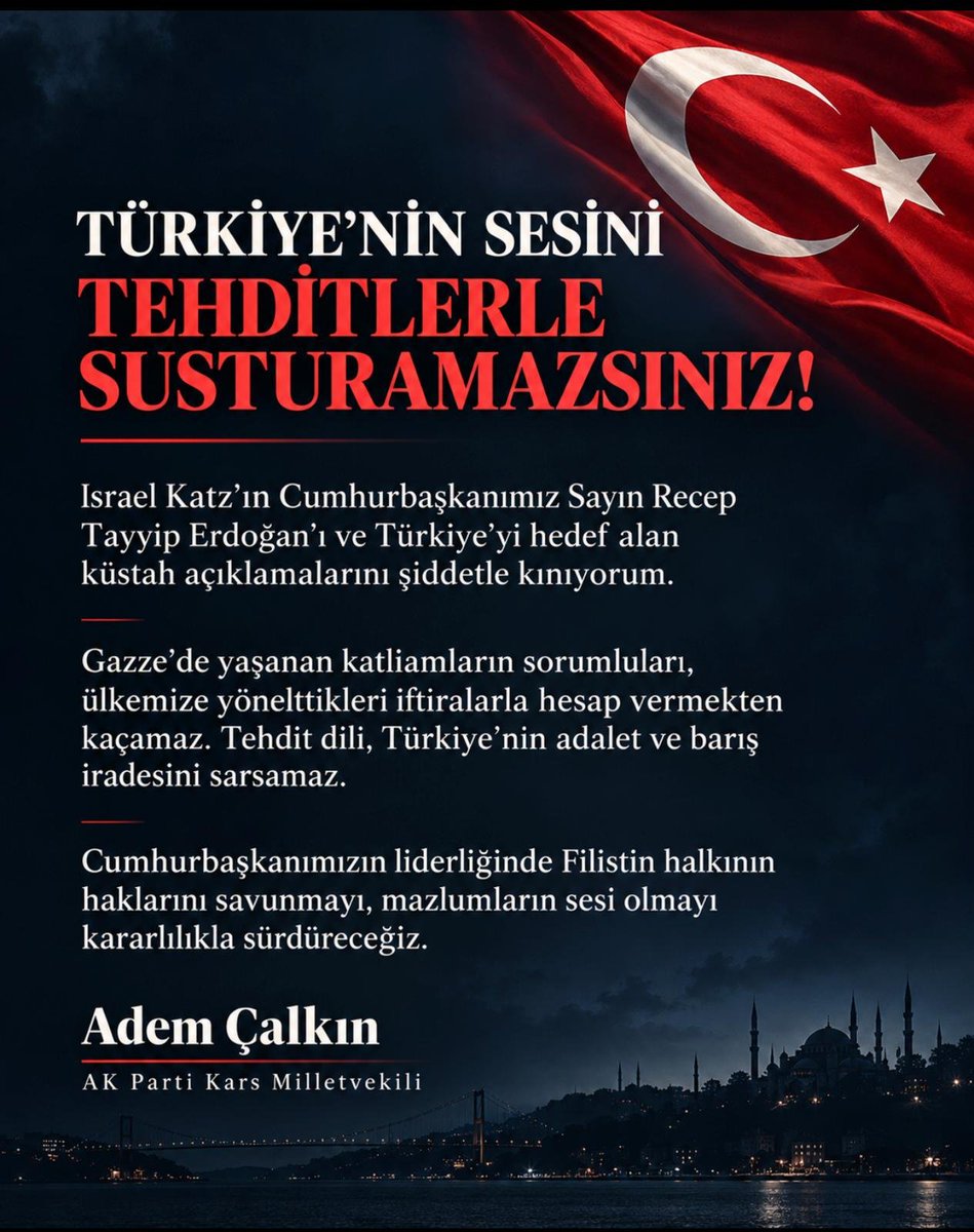 Ademcalkin's tweet photo. Türkiye'nin sesini tehditlerle susturamazsınız.

He zaman haklının ve mazlumun yanında olacağız. https://t.co/l9LSJB1Wu5