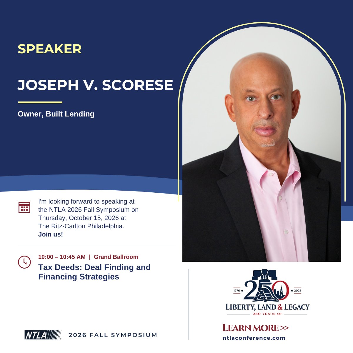 joseph_vscorese's tweet photo. I’m excited to be speaking at the National Tax Lien Association’s 2026 Fall Symposium on Thursday, October 15, at The Ritz-Carlton, Philadelphia!

🏙️ Tax Deeds: Deal Finding and Financing Strategies
🗓️ Thursday, October 15, 2026
⏰ 10:00 AM – 10:45 AM

 https://t.co/egifyC0E7H. https://t.co/rFC77KEBhY
