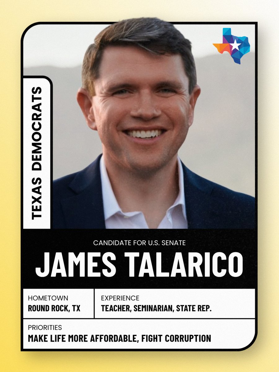 texasdemocrats's tweet photo. Texas, let’s send this former middle school teacher to the United States Senate. Vote for @jamestalarico on or before November 3rd. https://t.co/yyx84w5ACy