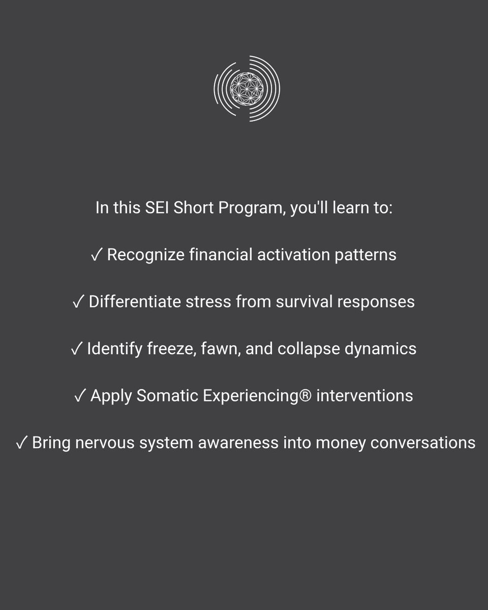 Somatic_Exp_Int's tweet photo. Our upcoming SEI Short Program explores money through a Somatic Experiencing® lens, offering practical tools for understanding financial stress as an embodied experience.

✨ Learn more: https://t.co/o8VHSppai8 https://t.co/bdbJJasdLx