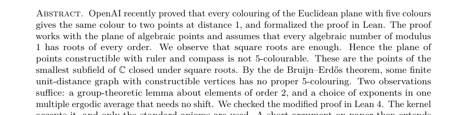 Weronikk90's tweet photo. Take all the points you can construct with ruler and compass, starting from two points at distance 1. Can you colour them with 5 colours so that points at distance 1 always get different colours?

No. A short thread 🧵 https://t.co/wWlzfmzenS