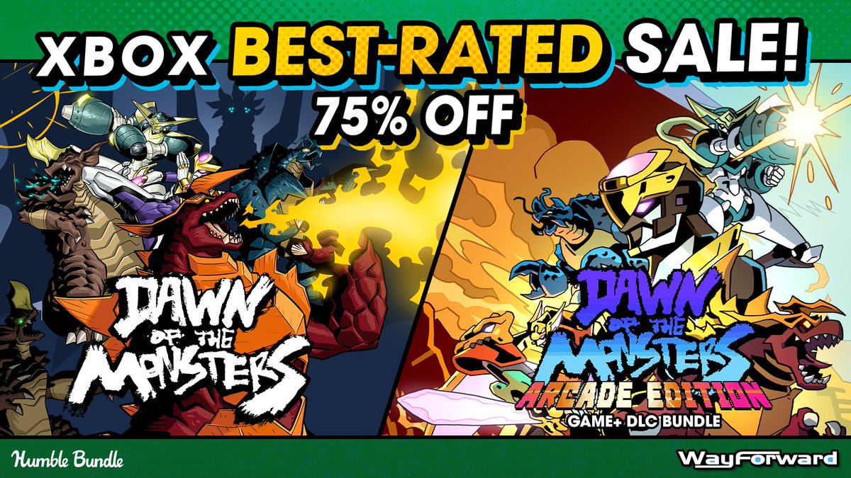 WayForward's tweet photo. Smash cities and battle kaiju armies solo or co-op in Dawn of the Monsters! The main game and the game+DLC bundle (which adds arcade mode and an extra playable character) are 65% off on Xbox during their Best-Rated Sale! https://t.co/4UE77KsP4K